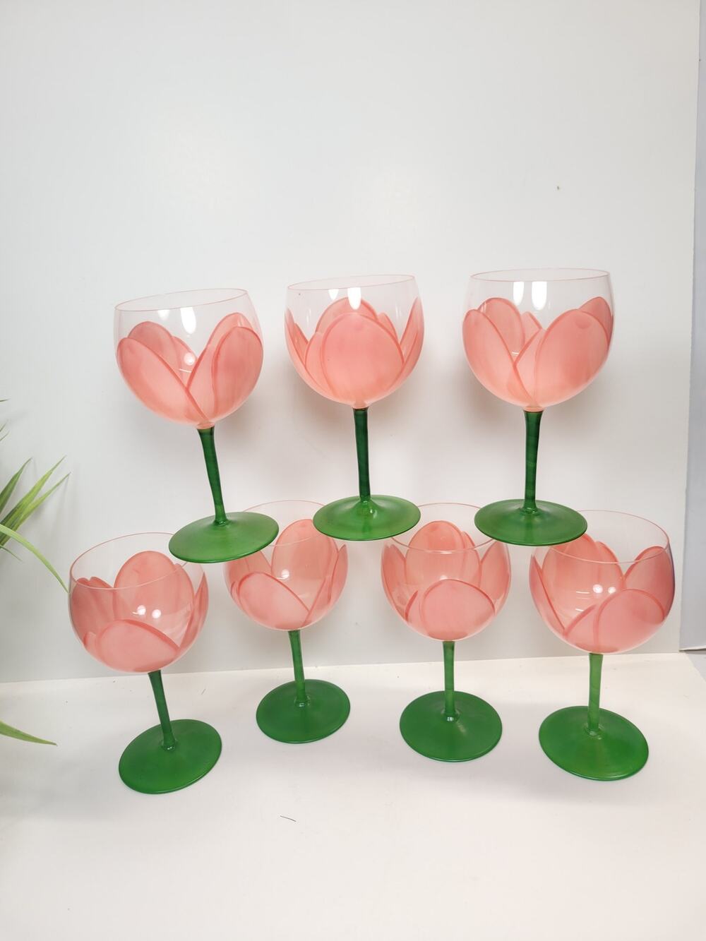 Vintage Gloria Vanderbilt Sincerely Yours Pink Tulip Wine Glasses Set of 7